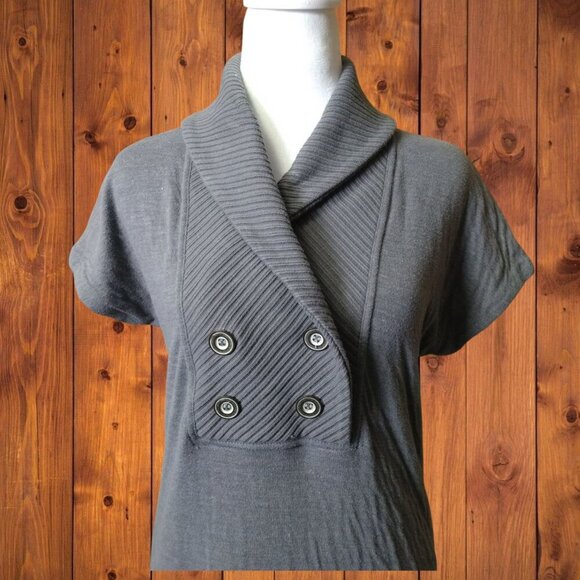 Free People Women's XS Shawl Collar Knit Ribbed Hem Mini Dress Short Sleeve Gray - Picture 4 of 8